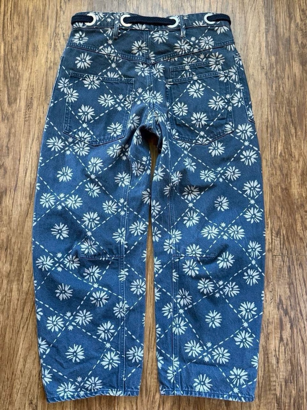 Free People We The Free Moxie Printed Low Slung Blue Barrel Jeans - Picture 3 of 8